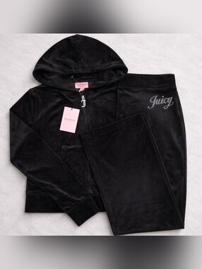 Juicy Couture Liquorice Black Velour Hoodie & Pants Set - L